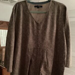 Gudrun Sjoden Xl dresses, one in brown and one charcoal geometric prints